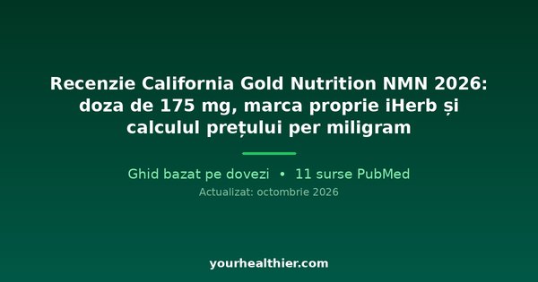 Recenzie California Gold Nutrition NMN 2026: doza de 175 mg, marca proprie iHerb și calculul prețului per miligram