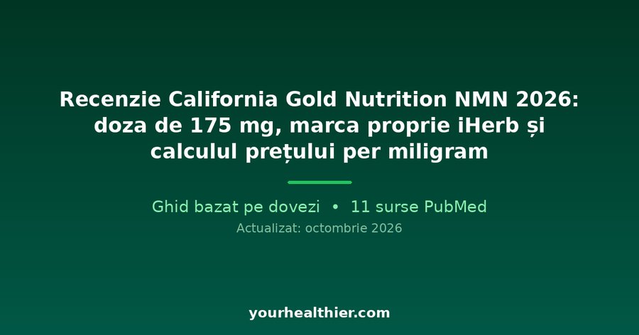 Recenzie California Gold Nutrition NMN 2026: doza de 175 mg, marca proprie iHerb și calculul prețului per miligram